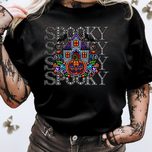 faux rhinestone spooky house dtf transfer